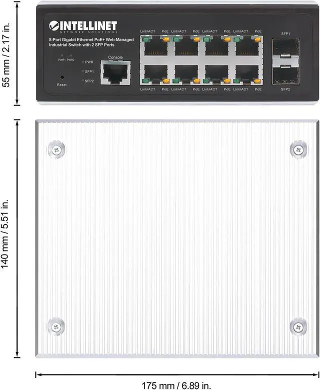 Alt view image 6 of 7 - Intellinet Industrial 8-Port Gigabit Ethernet PoE+ Layer 2+ Web-Managed Switch with 2 SFP Ports, IEEE 802.3at/af PoE Compliant, PoE Power Budget up to 240 W, Layer 2+/Layer 3 Lite, IP30-Rated