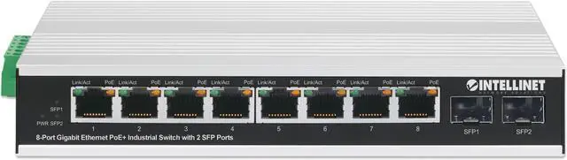Alt view image 3 of 7 - Intellinet Industrial 8-Port Gigabit Ethernet PoE+ Switch with 2 SFP Ports, IEEE 802.3at/af (PoE+/PoE) Compliant, PoE Power Budget up to 240 W, IP40-Rated Metal Housing, Endspan, DIN-Rail Mount