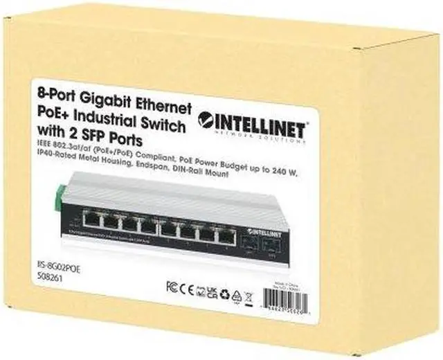 Alt view image 7 of 7 - Intellinet Industrial 8-Port Gigabit Ethernet PoE+ Switch with 2 SFP Ports, IEEE 802.3at/af (PoE+/PoE) Compliant, PoE Power Budget up to 240 W, IP40-Rated Metal Housing, Endspan, DIN-Rail Mount