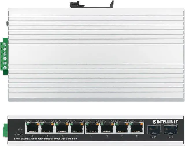 Alt view image 5 of 7 - Intellinet Industrial 8-Port Gigabit Ethernet PoE+ Switch with 2 SFP Ports, IEEE 802.3at/af (PoE+/PoE) Compliant, PoE Power Budget up to 240 W, IP40-Rated Metal Housing, Endspan, DIN-Rail Mount
