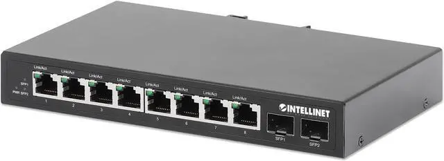 Main image of Intellinet Industrial 8-Port Gigabit Ethernet Switch with 2 SFP Ports, IP40-Rated Metal Housing, DIN-Rail Mount