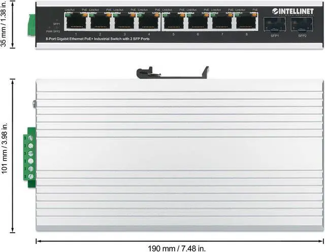 Alt view image 6 of 7 - Intellinet Industrial 8-Port Gigabit Ethernet PoE+ Switch with 2 SFP Ports, IEEE 802.3at/af (PoE+/PoE) Compliant, PoE Power Budget up to 240 W, IP40-Rated Metal Housing, Endspan, DIN-Rail Mount