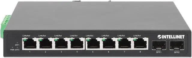 Alt view image 3 of 7 - Intellinet Industrial 8-Port Gigabit Ethernet Switch with 2 SFP Ports, IP40-Rated Metal Housing, DIN-Rail Mount