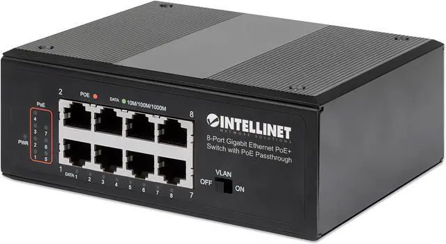 Main image of Intellinet PoE-Powered 8-Port Gigabit Ethernet PoE+ Industrial Switch with PoE Passthrough, One PD PoE Port with 95 W Power Input, Seven PSE PoE Ports, PoE Power Budget up to 120 W, IEEE 802.3at/af Co