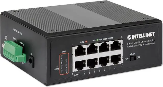 Alt view image 2 of 6 - Intellinet PoE-Powered 8-Port Gigabit Ethernet PoE+ Industrial Switch with PoE Passthrough, One PD PoE Port with 95 W Power Input, Seven PSE PoE Ports, PoE Power Budget up to 120 W, IEEE 802.3at/af Co