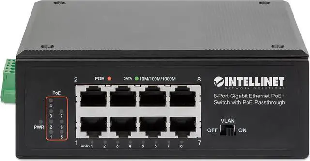 Alt view image 3 of 6 - Intellinet PoE-Powered 8-Port Gigabit Ethernet PoE+ Industrial Switch with PoE Passthrough, One PD PoE Port with 95 W Power Input, Seven PSE PoE Ports, PoE Power Budget up to 120 W, IEEE 802.3at/af Co