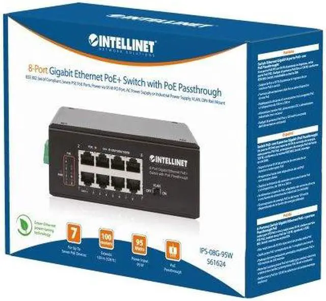 Alt view image 6 of 6 - Intellinet PoE-Powered 8-Port Gigabit Ethernet PoE+ Industrial Switch with PoE Passthrough, One PD PoE Port with 95 W Power Input, Seven PSE PoE Ports, PoE Power Budget up to 120 W, IEEE 802.3at/af Co