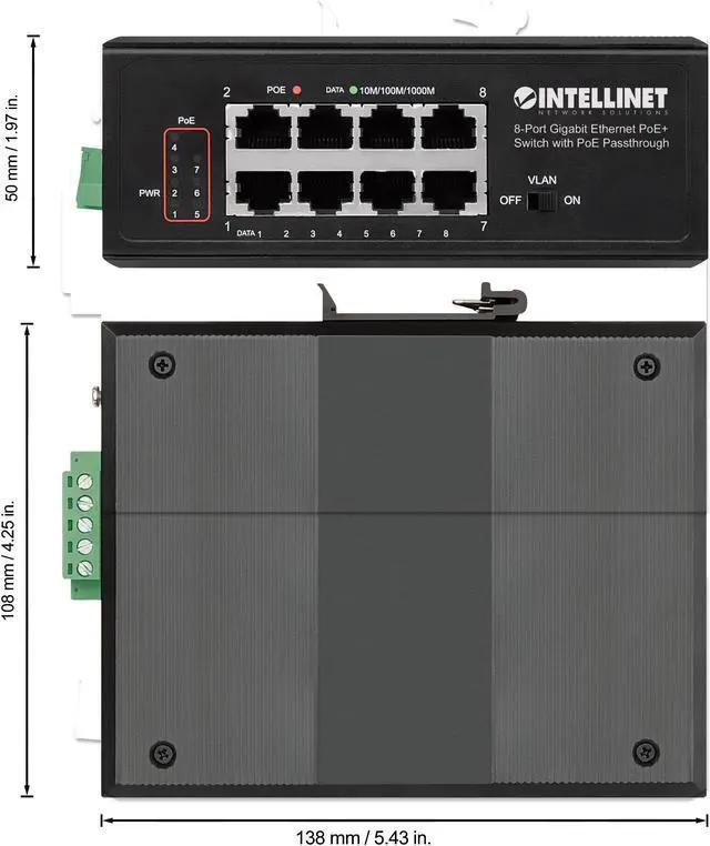 Alt view image 5 of 6 - Intellinet PoE-Powered 8-Port Gigabit Ethernet PoE+ Industrial Switch with PoE Passthrough, One PD PoE Port with 95 W Power Input, Seven PSE PoE Ports, PoE Power Budget up to 120 W, IEEE 802.3at/af Co
