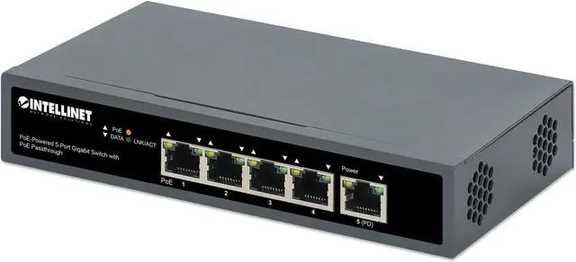 Alt view image 2 of 15 - Intellinet PoE-Powered 5-Port Gigabit Switch with PoE Passthrough, One IEEE 802.3bt (PoE++ / 4PPoE) PD PoE Port with 95 W Power Input, Four PSE PoE ports, PoE Power Budget up to 65 W, IEEE 802.3at/af