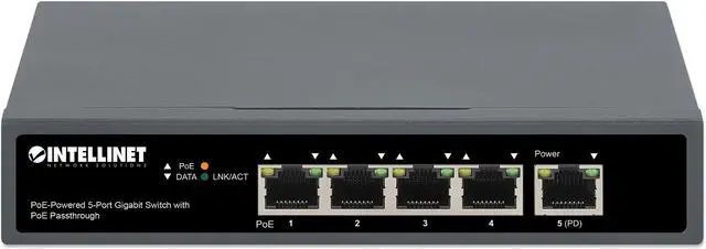Alt view image 4 of 15 - Intellinet PoE-Powered 5-Port Gigabit Switch with PoE Passthrough, One IEEE 802.3bt (PoE++ / 4PPoE) PD PoE Port with 95 W Power Input, Four PSE PoE ports, PoE Power Budget up to 65 W, IEEE 802.3at/af