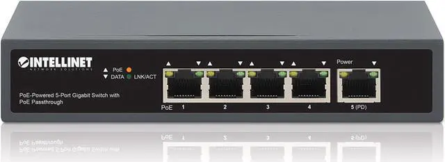 Alt view image 6 of 15 - Intellinet PoE-Powered 5-Port Gigabit Switch with PoE Passthrough, One IEEE 802.3bt (PoE++ / 4PPoE) PD PoE Port with 95 W Power Input, Four PSE PoE ports, PoE Power Budget up to 65 W, IEEE 802.3at/af