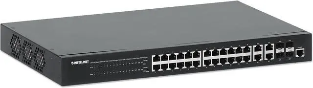 Main image of Intellinet 24-Port Gigabit Ethernet PoE+ Web-Managed Switch with 4 Gigabit Combo Base-T/SFP Ports, IEEE 802.3at/af PoE+ Compliant, 370 W, Self-Healing Network, Endspan, 19" Rackmount