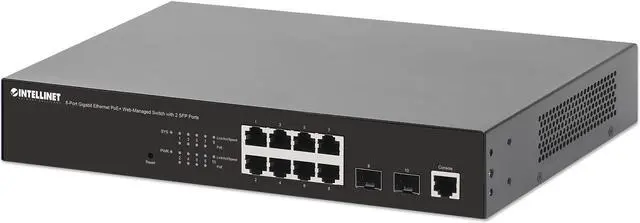 Alt view image 6 of 12 - Intellinet 8-Port Gigabit Ethernet PoE+ Web-Managed Switch with 2 SFP Ports, IEEE 802.3at/af Power over Ethernet (PoE+/PoE) Compliant, 140 W, Self-Healing Network, Endspan, Desktop, 19" Rackmount
