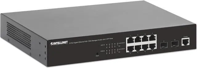 Alt view image 7 of 12 - Intellinet 8-Port Gigabit Ethernet PoE+ Web-Managed Switch with 2 SFP Ports, IEEE 802.3at/af Power over Ethernet (PoE+/PoE) Compliant, 140 W, Self-Healing Network, Endspan, Desktop, 19" Rackmount