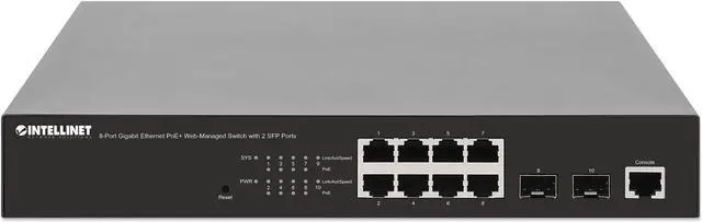 Alt view image 8 of 12 - Intellinet 8-Port Gigabit Ethernet PoE+ Web-Managed Switch with 2 SFP Ports, IEEE 802.3at/af Power over Ethernet (PoE+/PoE) Compliant, 140 W, Self-Healing Network, Endspan, Desktop, 19" Rackmount