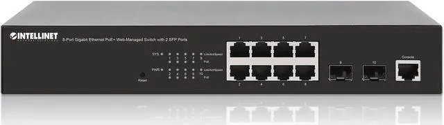 Alt view image 10 of 12 - Intellinet 8-Port Gigabit Ethernet PoE+ Web-Managed Switch with 2 SFP Ports, IEEE 802.3at/af Power over Ethernet (PoE+/PoE) Compliant, 140 W, Self-Healing Network, Endspan, Desktop, 19" Rackmount