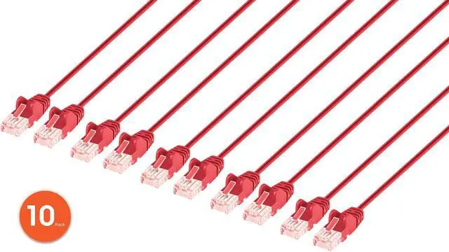 Main image of Intellinet Cat6 U/UTP Slim Network Patch Cable, 3 ft., Red, 10-Pack, 10G, 250 MHz, 100% Copper, 30 AWG, RJ45, Stranded, Snag-free, Gold-plated Contacts