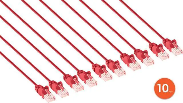 Alt view image 2 of 7 - Intellinet Cat6 U/UTP Slim Network Patch Cable, 3 ft., Red, 10-Pack, 10G, 250 MHz, 100% Copper, 30 AWG, RJ45, Stranded, Snag-free, Gold-plated Contacts