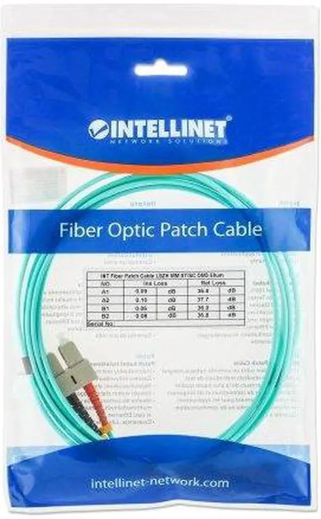 Alt view image 5 of 5 - Intellinet Fiber Optic Patch Cable, Duplex, Multimode, ST/SC, 50/125 Âµm, OM3, 5 m (14 ft.), Aqua