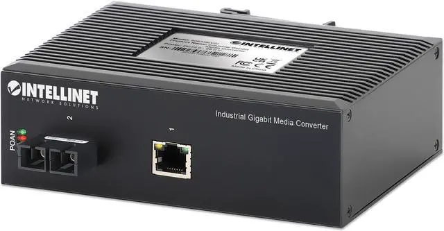 Main image of Intellinet Industrial Gigabit Media Converter, 10/100/1000Base-TX to 1000Base-LX (SC) Single-mode, 20 km (12.4 mi.), IP40-rated Metal Housing, DIN-Rail Mount