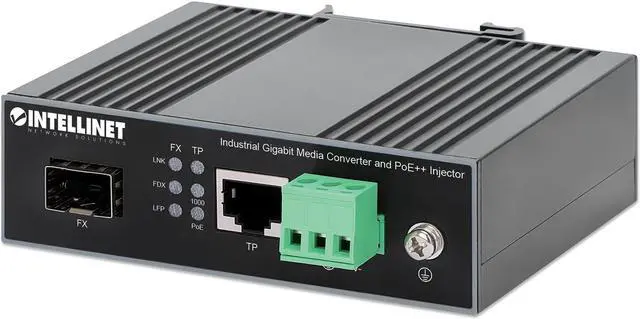Main image of Intellinet Industrial Gigabit Media Converter and PoE++ Injector, 10/100/1000Base-TX to SFP Slot, PoE Injector Function, 90 W, IEEE 802.3bt (4PPoE) Compliant, IP30-rated Metal Housing, DIN-rail Mount