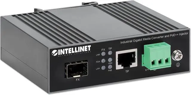 Alt view image 2 of 7 - Intellinet Industrial Gigabit Media Converter and PoE++ Injector, 10/100/1000Base-TX to SFP Slot, PoE Injector Function, 90 W, IEEE 802.3bt (4PPoE) Compliant, IP30-rated Metal Housing, DIN-rail Mount