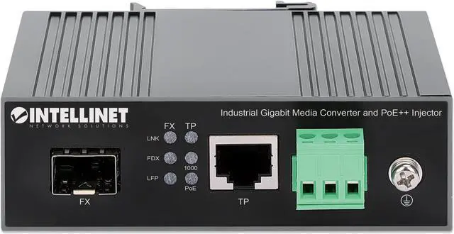 Alt view image 3 of 7 - Intellinet Industrial Gigabit Media Converter and PoE++ Injector, 10/100/1000Base-TX to SFP Slot, PoE Injector Function, 90 W, IEEE 802.3bt (4PPoE) Compliant, IP30-rated Metal Housing, DIN-rail Mount