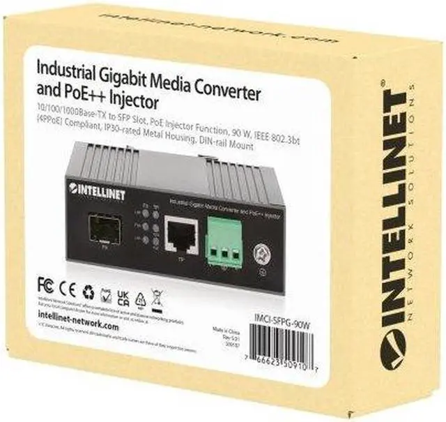 Alt view image 7 of 7 - Intellinet Industrial Gigabit Media Converter and PoE++ Injector, 10/100/1000Base-TX to SFP Slot, PoE Injector Function, 90 W, IEEE 802.3bt (4PPoE) Compliant, IP30-rated Metal Housing, DIN-rail Mount