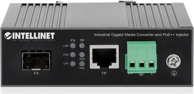 Alt view image 5 of 7 - Intellinet Industrial Gigabit Media Converter and PoE++ Injector, 10/100/1000Base-TX to SFP Slot, PoE Injector Function, 90 W, IEEE 802.3bt (4PPoE) Compliant, IP30-rated Metal Housing, DIN-rail Mount