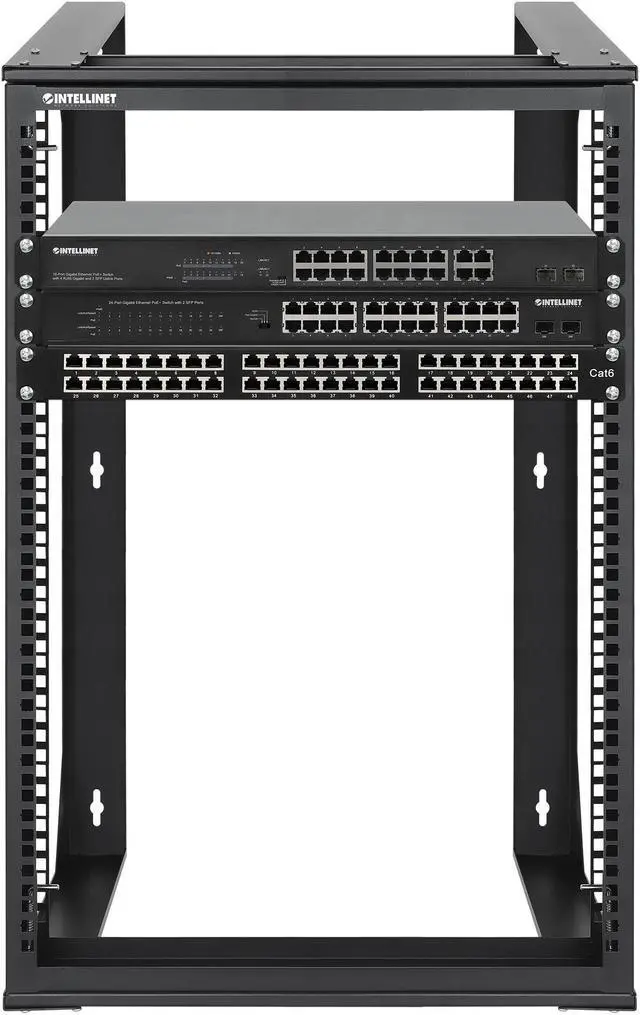 Alt view image 7 of 7 - Intellinet 19" Wall Mount 2-Post Open Frame Network Rack, 15U, Hinged Swing Frame, 450 mm (17.7 in.) Depth, Flat Pack, Black RAL 9004 - OEM