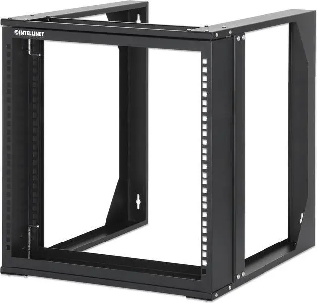 Main image of Intellinet 19" Wall Mount 2-Post Open Frame Network Rack, 9U, Hinged Swing Frame, 450 mm (17.7 in.) Depth, Flat Pack, Black RAL 9004 - OEM