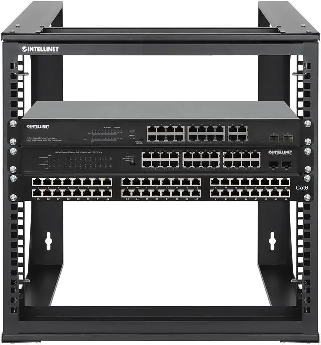 Alt view image 7 of 7 - Intellinet 19" Wall Mount 2-Post Open Frame Network Rack, 9U, Hinged Swing Frame, 450 mm (17.7 in.) Depth, Flat Pack, Black RAL 9004 - OEM