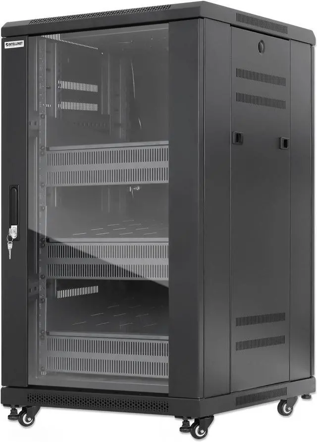 Main image of Intellinet Pro Line Network Cabinet with Integrated Fans, 18U, 23.6 in. (600 mm) Depth and Width, Roof-mounted Two-fan Ventilation Unit, Assembled, Black RAL 9004 - OEM