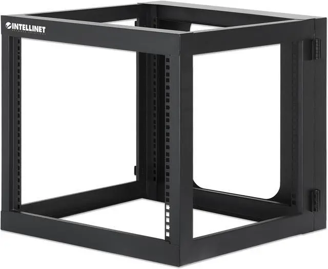 Main image of Intellinet 19" Wall Mount 4-Post Open Frame Network Rack, 9U, Hinged Swing Frame, 600 mm (23.8 in.) Depth, Assembled, Black RAL 9004 - OEM