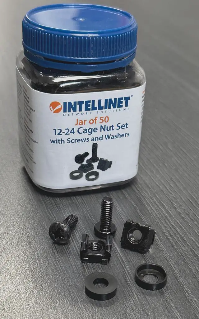 Intellinet 12-24 Cage Nut Set Jar of 50 12-24 Cage Nuts with Screws and Washers