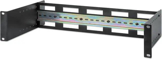 Main image of Intellinet Adjustable 19" Rackmount DIN Rail Kit, 2U, Chassis to Mount Top Hat DIN Rail Equipment in a 19 in. Rack, Adjustable Rail Depth of 48 to 174 mm (1.9 to 6.9 in.), Aluminum, Black RAL 9005