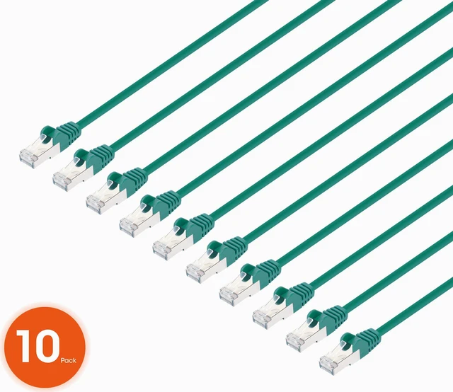 Main image of Intellinet Cat8.1 U/FTP Slim Network Patch Cable, 7 ft., Green, 10-Pack, 40G, 2 GHz, 100% Copper, 30 AWG, RJ45, Stranded, Snag-free, Gold-plated Contacts