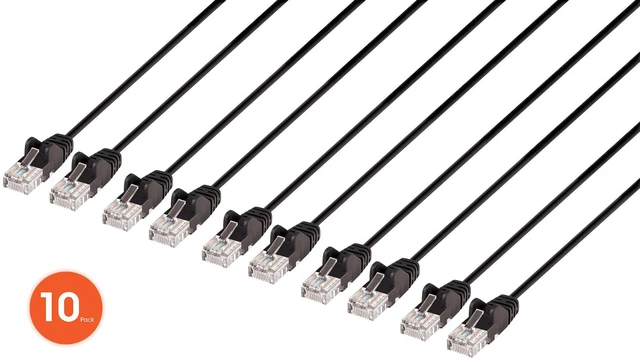 Alt view image 2 of 7 - Intellinet Cat6 U/UTP Slim Network Patch Cable, 3 ft., Black, 10-Pack, 10G, 250 MHz, 100% Copper, 30 AWG, RJ45, Stranded, Snag-free, Gold-plated Contacts