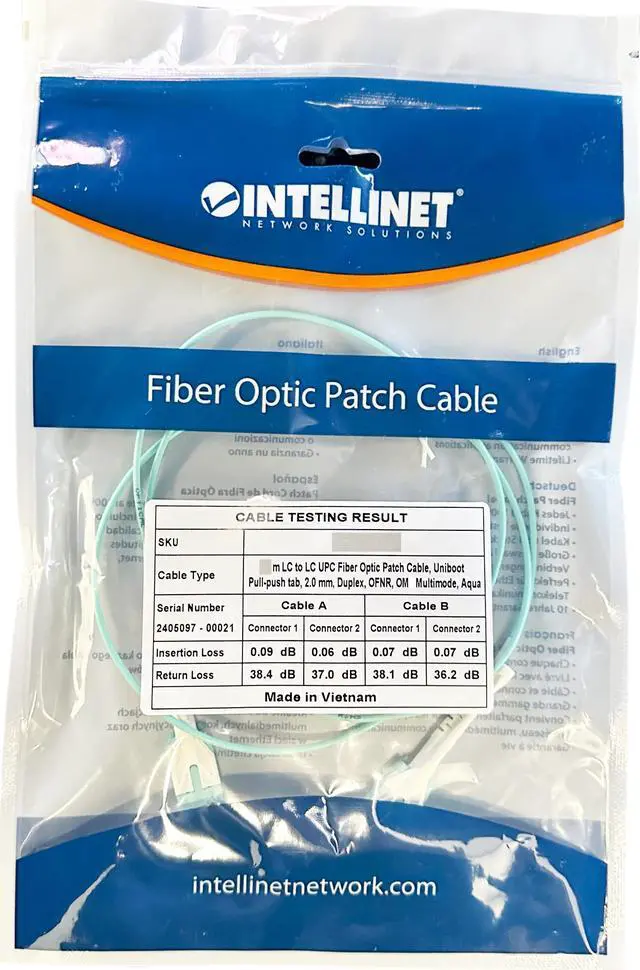 Alt view image 5 of 5 - Intellinet 2 m LC to LC UPC Fiber Optic Patch Cable, Uniboot Pull-push tab, 2.0 mm, Duplex, OFNR, OM3 Multimode, Aqua, 50/125 µm, Bend Insensitive Multimode Fiber (BIMMF), 6.6 ft