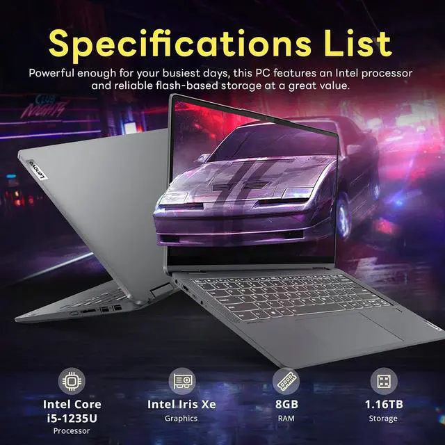 Alt view image 3 of 7 - Lenovo IdeaPad Flex 5i 14" WUXGA Touch 2-in-1 Laptop, Intel i5-1235U, 8GB LPDDR4X, 1.16TB Storage (1TB SSD + 160GB Docking Station Set), Backlit Keyboard, Fingerprint Reader, FHD Camera, Win 11, Gray