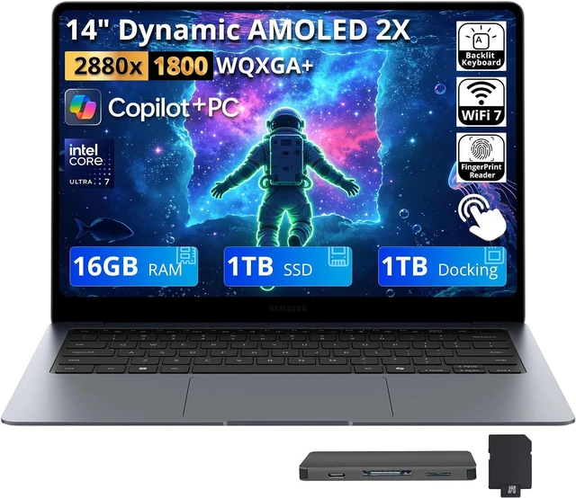 Main image of Samsung Galaxy Book6 Pro Copilot+ PC Laptop, 14" 3K AMOLED Touchscreen, Intel Core Ultra 7 356H, 16GB LPDDR5X, 2TB Storage (1TB SSD+1TB Docking Station), Backlit Keyboard, Fingerprint, Win 11, Gray