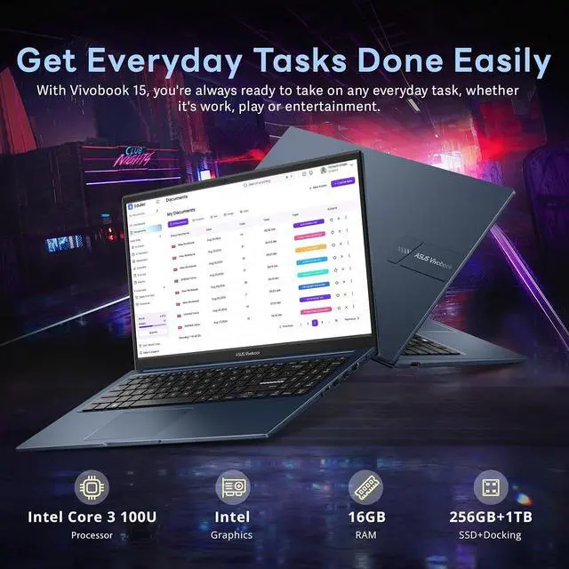 Alt view image 3 of 7 - ASUS Vivobook 15.6" FHD Laptop, Intel Core 3 100U, 16GB DDR5, 1.25TB Storage (256GB SSD + 1TB Docking Station Set), Intel Graphics, Number Pad, 720p Webcam, Wi-Fi 6, Win11 Pro, Quiet Blue