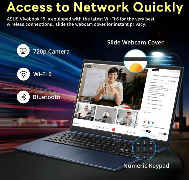 Alt view image 5 of 7 - ASUS Vivobook 15.6" FHD Laptop, Intel Core 3 100U, 16GB DDR5, 1.25TB Storage (256GB SSD + 1TB Docking Station Set), Intel Graphics, Number Pad, 720p Webcam, Wi-Fi 6, Win11 Pro, Quiet Blue