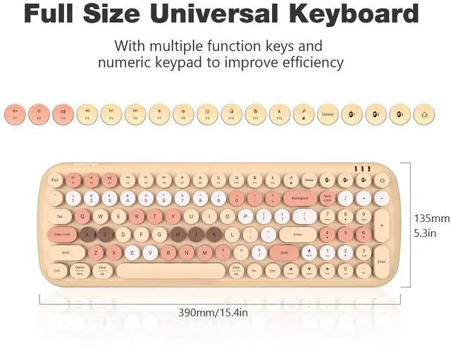 Alt view image 5 of 5 - MOFII Wireless Bluetooth Keyboard for Mac, iPad, iPhone, PC, Laptop & Android, Connect up to 3 Devices Simultaneously, Portable 100-Key Typewriter Retro Round Keycaps Keyboard- Milk Tea Colorful