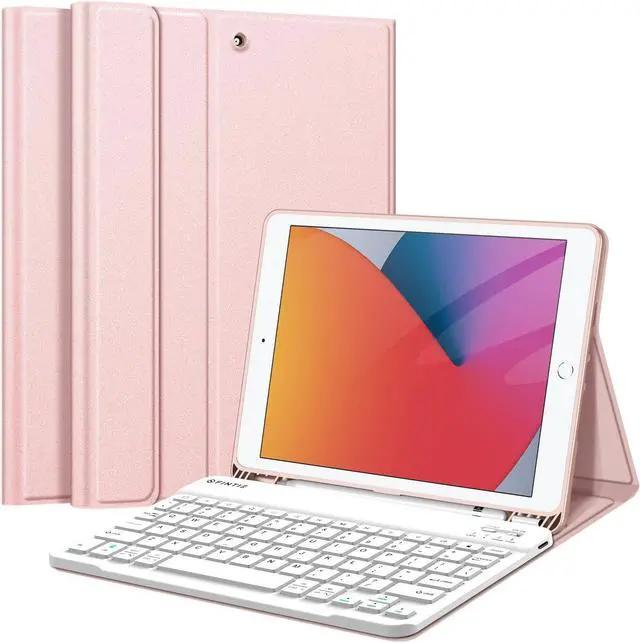 Main image of Fintie Keyboard Case for iPad 9th / 8th / 7th Generation (2021/2020/2019) 10.2 Inch, Soft TPU Back Stand Cover with Pencil Holder, Magnetically Detachable Bluetooth Keyboard, Rose Gold