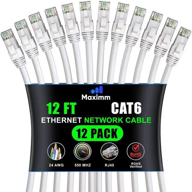 Main image of Maximm Cat 6 Ethernet Cable 12 Ft, (12-Pack) Cat6 Cable, LAN Cable, Internet Cable, Patch Cable and Network Cable - UTP (White) 12 Feet ethernet Cord