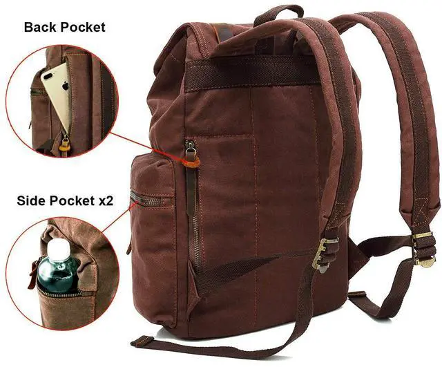 Alt view image 3 of 5 - HuaChen Vintage Canvas Backpack with Leather Accents, Casual Daypack Travel Rucksack for Men Women,School College Hiking Camping M32-Khaki