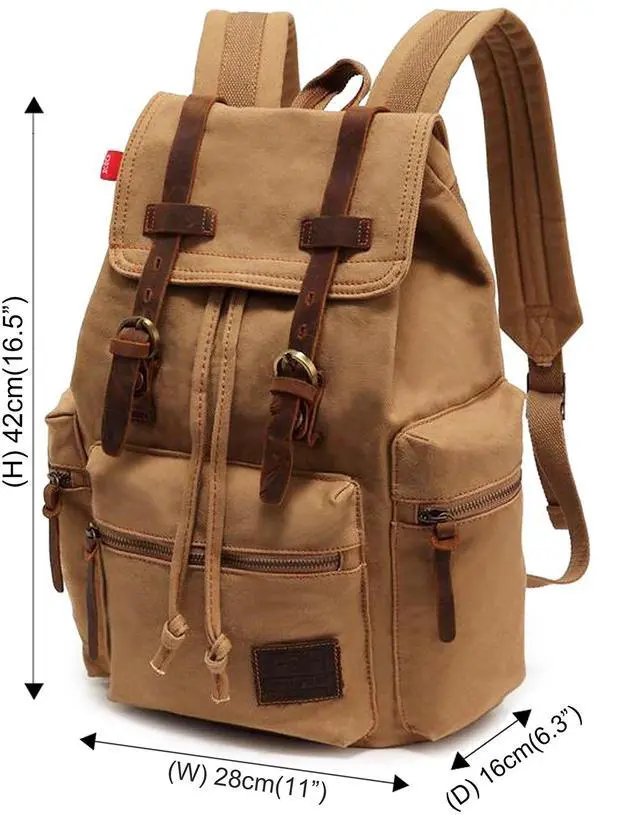 Alt view image 2 of 5 - HuaChen Vintage Canvas Backpack with Leather Accents, Casual Daypack Travel Rucksack for Men Women,School College Hiking Camping M32-Khaki