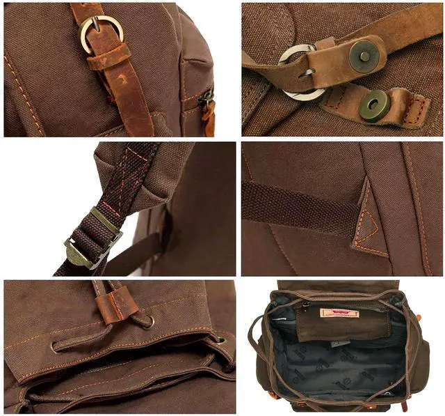 Alt view image 5 of 5 - HuaChen Vintage Canvas Backpack with Leather Accents, Casual Daypack Travel Rucksack for Men Women,School College Hiking Camping M32-Khaki