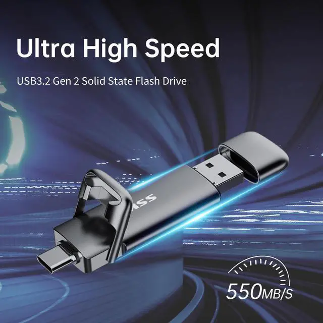 Alt view image 2 of 5 - SSK External USB C SSD Flash Drive 512GB, Up to 550MB/s 2-in-1 Type C+ USB A USB3.2 Gen2 Solid State Thumb Drive, Memory Stick Data Storage for iPhone 15/PS4/PS5/Android Phone/Windows/Mac